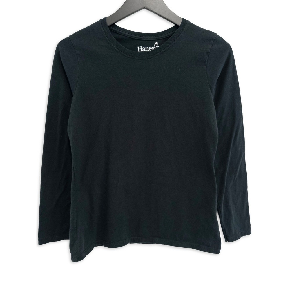 Hanes Long Sleeve Shirt Womens Small Black Cotton Crewneck Casual Basic Tee